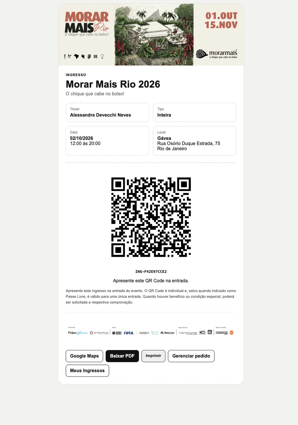 Ingresso digital do Morar Mais com QR Code individual