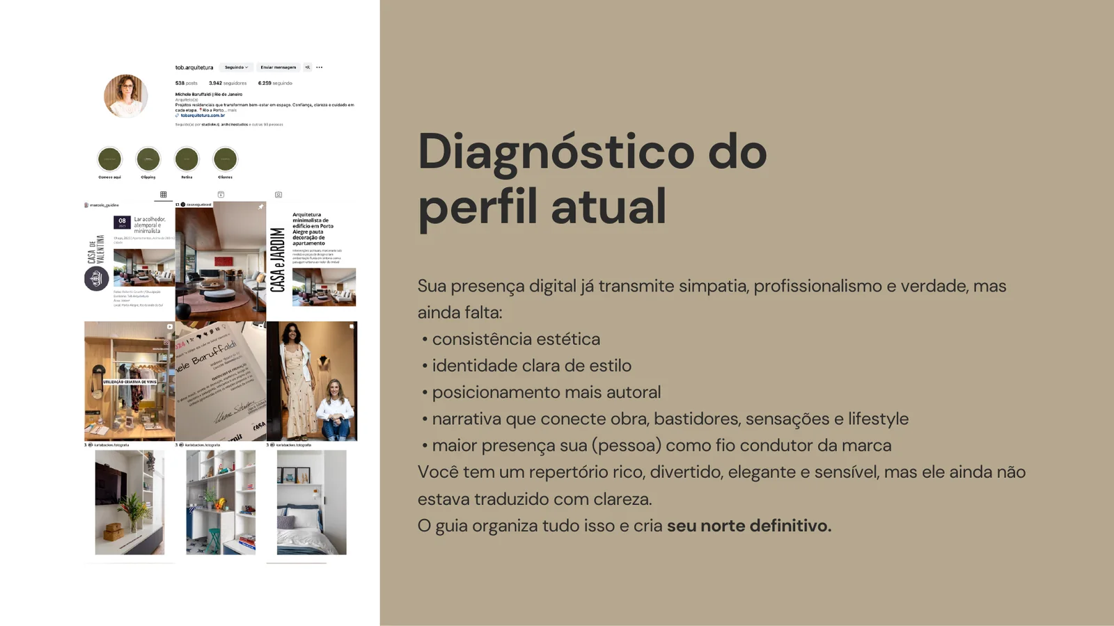 Página de diagnóstico do perfil atual no Guia Estratégico de Michele Baruffaldi